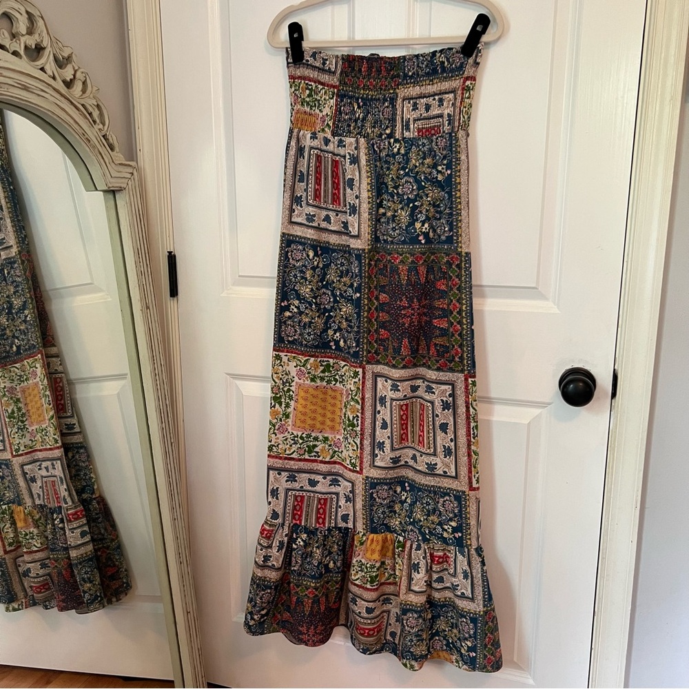 Twenty One‎ Blue Bohemian Patchwork Tiered Strapless Cotton Maxi Dress Size M